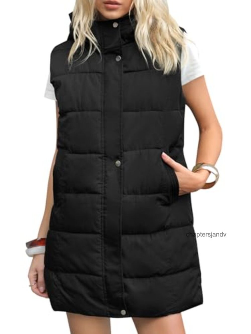 Long Puffer Vest Hooded Quilted Zip Up Sleeveless Jacket